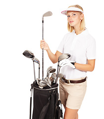 Image showing Golf, woman and sport clubs portrait of a model with sports gear and isolated white background. Thinking, game club choice and female athlete with sportwear looking thoughtful with mock up space