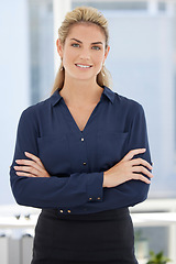 Image showing Success, leadership and portrait of business woman with crossed arms for motivation, mission and corporate vision. Ceo, manager and female entrepreneur with confidence, ideas and goals in workplace