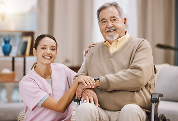 Image showing Healthcare, disability and man in wheelchair with nurse in retirement or nursing home with smile on face. Senior care, happy disabled grandpa and woman caregiver with in living room at home in Mexico