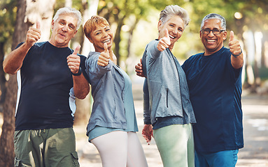 Image showing Senior fitness group, thumbs up and portrait with smile, diversity and happiness in park for wellness. Happy workout friends, retirement and hand gesture for motivation, teamwork and focus for health