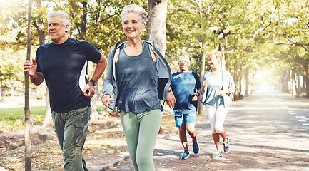 Image showing Senior runner group, park and fitness for smile, teamwork or motivation for wellness in summer sunshine. Happy elderly couple, friends or running team by trees for exercise, health or outdoor workout