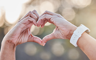 Image showing Heart, nature or hands with love sign for peace, trust or hope in hiking workout, park exercise or fitness training. Wellness, freedom or healthy senior person with hand gesture, goals or motivation