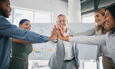 Image showing High five, diversity team celebration and business people celebrate financial profit success. Team building meeting, infographics or worker collaboration workforce happy with target goals achievement