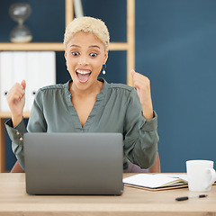 Image showing Wow, successful black woman celebrating at desk in New York business office with shocked face. Happy lawyer reading email on laptop, professional work achievement and corporate success in career