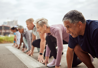 Image showing Start, fitness or senior people in a marathon race with running goals in workout or runners exercise. Motivation, focus or healthy group of sports athletes ready for contest on street road in city