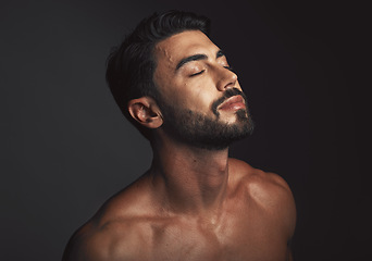 Image showing Skincare, face and man with beauty, dermatology and detox for wellness, luxury and cosmetics on studio background. Male, guy or natural body care for grooming, treatment or routine for organic facial