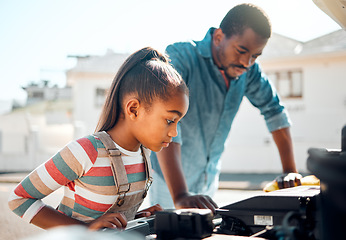 Image showing Black man, car problem and teaching child mechanic repair to fix family vehicle outdoor in neighborhood. Dad and daughter or girl learning, bonding and working on engine after accident or road trip