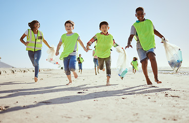 Image showing Fun children, plastic bag or beach cleaning, trash collection run or waste management in ocean clean up education or community service. Happy kids, climate change or volunteering for nature recycling