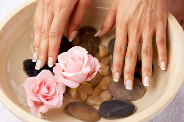 Image showing Skincare, flowers and hands of woman in water bowl for cleaning or hygiene. Floral therapy, spa treatment and female soak hand and washing with pink roses and stones for detox, beauty and manicure.