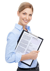 Image showing Business woman, portrait and contract clipboard on isolated white background for cv review, recruitment or job interview. Smile, happy or human resources worker with paper documents for we are hiring