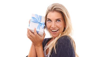 Image showing Gift box, wonder and studio face of woman with surprise birthday present, luxury sales product or Christmas gift box. Shopping mock up, ribbon and happy model girl isolated on mockup white background