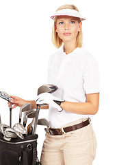 Image showing Golf woman, club bag and focus in studio with goal, dream and sports equipment by white background. Isolated golfer girl, golf club backpack and mindset for game, sport and fitness for competition