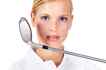 Image showing Golf, sports and portrait of a woman in studio for exercise, fitness training and golfing motivation. Face of female golfer holding golf club while ready for a competition or game on white background