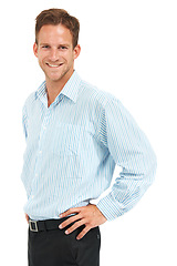 Image showing Portrait, happy businessman and smile on studio background, leadership and trust in Australia. Male model, corporate manager and professional worker on white background for career management success