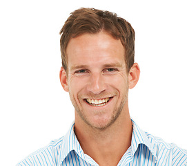 Image showing Portrait, happy face and businessman with smile, white background and leadership with trust in Australia. Headshot of male model, corporate manager and professional worker in studio for job success