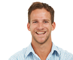 Image showing Portrait, laughing businessman and face with white background, leadership and trust in Australia. Happy male model, corporate manager and professional worker in studio for smile, job and ceo success