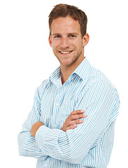 Image showing Portrait, businessman and arms crossed for success with white background, leadership or trust in Australia. Happy male model, corporate manager and professional worker on studio background with smile