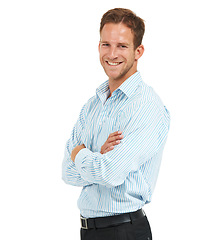 Image showing Portrait, happy businessman and arms crossed with white background, leadership and trust in Australia. Happy male model, corporate manager and professional worker on studio background for ceo success