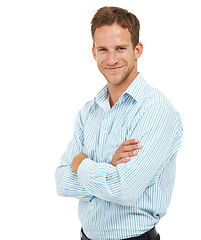 Image showing Portrait, smile and businessman with arms crossed, studio and leadership with trust in Australia. Happy male model, corporate manager and professional worker on white background for executive success