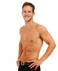 Image showing Fitness, portrait and man in studio for wellness, health and exercise, topless on white background. Face, sports and guy posing with abs, muscle and training, workout and cardio routine with mockup