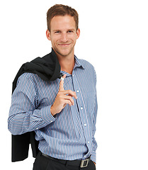 Image showing Fashion, portrait and businessman with trendy jacket in studio, smile and happy on white background. Face, entrepreneur and male clothing for success with business vision, idea and mindset on mockup