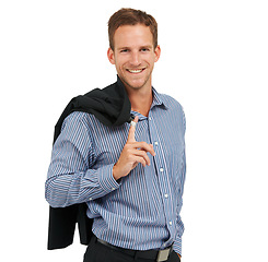 Image showing Face, businessman and young leader in studio with suit, mindset and confidence on white background. Portrait, entrepreneur and handsome, young and happy man ready for career goals on mockup space