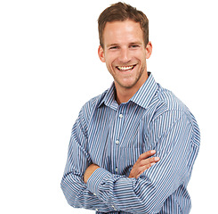 Image showing Young, happy and corporate portrait of businessman with arms crossed and cheerful mindset with smile for advertising. Happiness of handsome worker at white studio background with mockup.