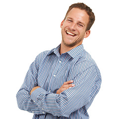 Image showing Portrait, laughing businessman and leader with white background, vision and funny joke in Australia. Happy male model, corporate manager and professional worker in studio with smile, success and boss
