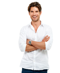 Image showing Portrait, smile and man arms crossed, fashion and confident guy isolated on white studio background. Male, gentleman and gesture for success, casual outfit and leadership with happiness and wellness