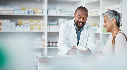 Image showing Pharmacy, medicine and senior woman consulting pharmacist on prescription. Healthcare, shopping and elderly female in consultation with medical worker for medication box, pills or product in store.