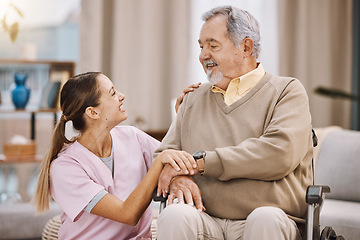 Image showing Healthcare, disability and man in wheelchair with nurse in retirement or nursing home with smile on face. Senior care, happy disabled grandpa and woman caregiver in living room at home in Mexico