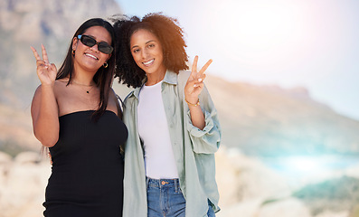 Image showing Women, friends and sign for peace, smile and travelling for vacation, holiday and bonding. Females, girls or hands for sign language, harmony or summer break for bonding, loving or happiness to relax