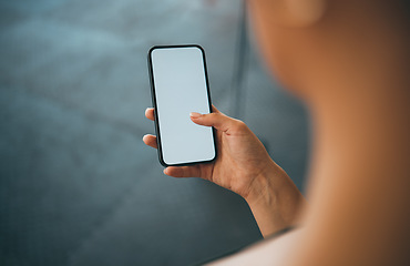 Image showing Woman hands, phone and blank screen for advertising, marketing brand mockup and website communication. Smartphone, green screen and social network, online internet or digital tech social media app