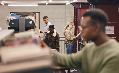 Image showing Students, group and library research for books, studying and education at college for success. Diversity, book and shelf search at university for goals, learning and motivation with gen z student