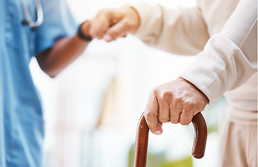 Image showing Walking stick, nurse and hands helping patient, support and therapy of disability, parkinson or arthritis. Cane, disabled old man and physiotherapy in nursing home, elderly healthcare or osteoporosis