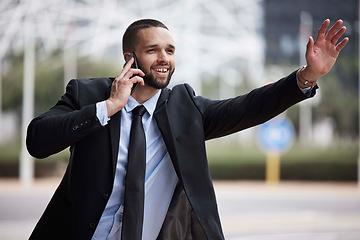 Image showing Businessman, phone call and stop taxi for transport to appointment on street, buildings or time management. Corporate black man, phone and late for travel in metro, smile and cityscape