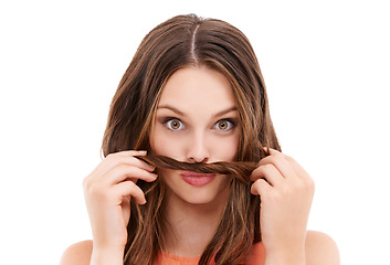 Image showing Hair moustache, funny and comic woman portrait with natural beauty with happiness in studio. White background, isolated and model with healthy hair care with crazy comedy, silly and young face