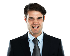 Image showing Portrait of angry man gritting teeth in business suit, frustrated and isolated on white background. Stock market crash, economy and ceo businessman annoyed with economy and financial status in studio