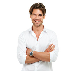 Image showing Fashion, young and man model in a studio with a casual, brand apparel and luxury classy outfit. Happiness, natural and portrait of a male from Canada with trendy clothes isolated by white background.