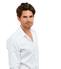 Image showing Portrait, beauty and model with a handsome man in studio isolated on a white background for fashion. Face, aesthetic and an attractive young male posing as a fashion model for contemporary style