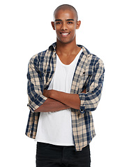 Image showing Happy black man, portrait and arms crossed on studio background with confidence, happiness or smile from Atlanta. Guy, model and cool attitude on white background with clothes, style or handsome face