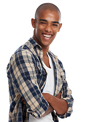 Image showing Laugh, happy and black man model portrait of a person from Chicago with cool style and happiness. Laughing, casual and bald young male university student alone with arms crossed and mockup space