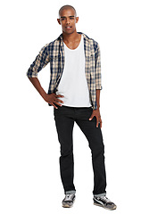 Image showing Young black man, studio portrait and style with confidence, attitude and lifestyle in Atlanta. Cool guy, fashion model and white background with confident college student, clothes and handsome person