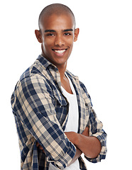 Image showing Young black man, studio portrait and arms crossed with confidence, happiness or smile from Atlanta. Happy guy, fashion model and cool attitude on white background with clothes, style or handsome face