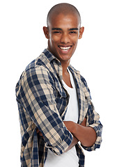 Image showing Happy black man, studio portrait and arms crossed with smile, confidence and style from Atlanta. Cool guy, fashion model and white background with confident student, clothes and handsome bald person