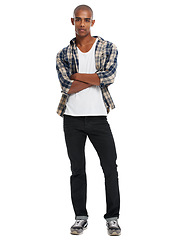 Image showing Young black man, studio portrait and arms crossed with confidence, attitude and style from Atlanta. Cool guy, fashion model and white background with confident style, clothes and handsome face