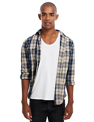 Image showing Portrait, bald and fashion with a black man in studio isolated on a white background to model contemporary clothes. Profile picture, studio background and shirt with a young male looking casual