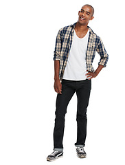 Image showing Happy black man, studio portrait and smile with confidence, happiness and style from Atlanta. Cool young guy, fashion model and white background with confident student, clothes and handsome person