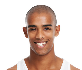Image showing Black man, happy and studio for face health, cosmetic wellness and beauty by white background. Young model, smile and man with glow facial skin, aesthetic and healthy self care cosmetics by backdrop