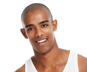 Image showing Black man, smile and studio for skincare, face health and cosmetic wellness by white background. Young model man, happy and glow on facial skin, aesthetic and healthy self care cosmetic by backdrop